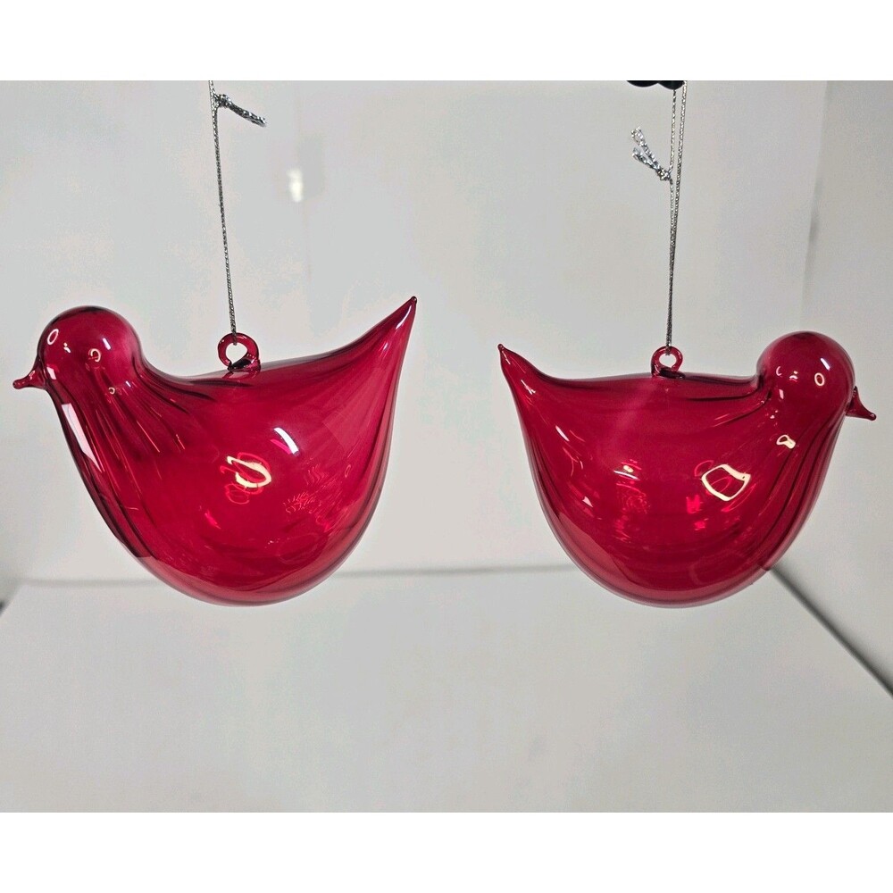 Vintage Iridescent Hand Blown Glass Red Bird Christmas Ornament Cardinals 4"